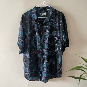 Vtg Thach Le Detail Mens Silk Shirt Large Black Green Rockabilly Hipster Doofus